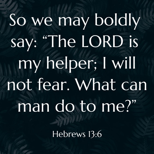  So we may boldly say: “The LORD is my helper; I will not fear. What can man do to me?”   - Hebrews 13:6 