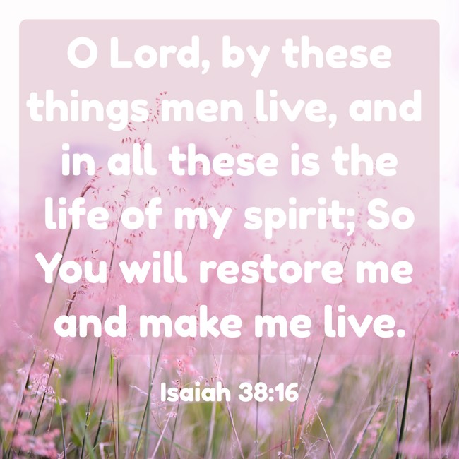  O Lord, by these things men live, and in all these is the life of my spirit; So You will restore me and make me live.   - Isaiah 38:16 