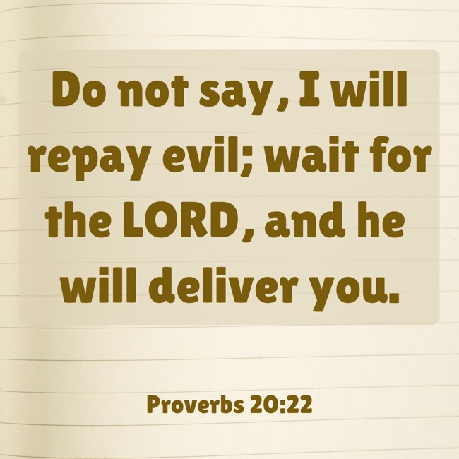 Do not say, I will repay evil; wait for the LORD, and he will deliver you. - Proverbs 20:22