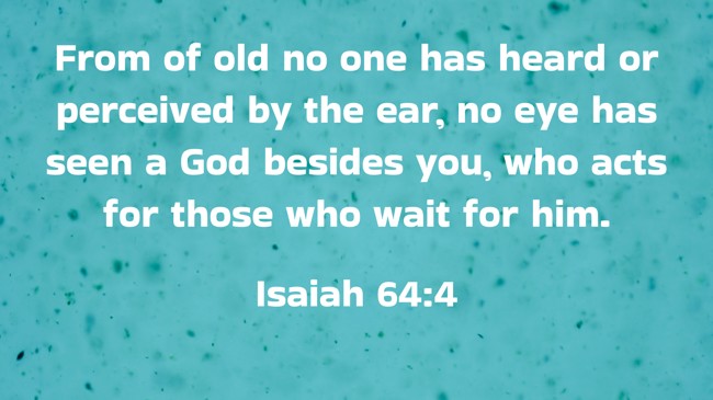From of old no one has heard or perceived by the ear, no eye has seen a God besides you, who acts for those who wait for him. - Isaiah 64:4