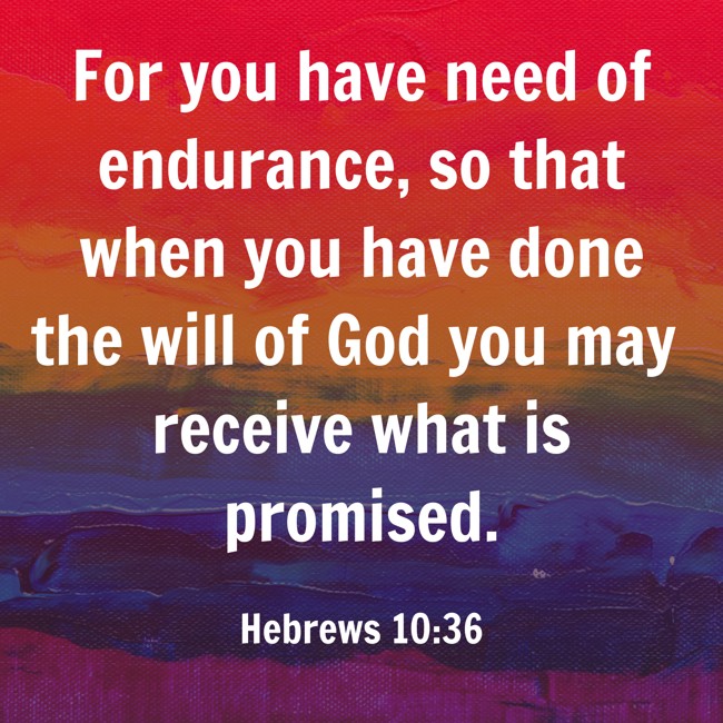 For you have need of endurance, so that when you have done the will of God you may receive what is promised. - Hebrews 10:36