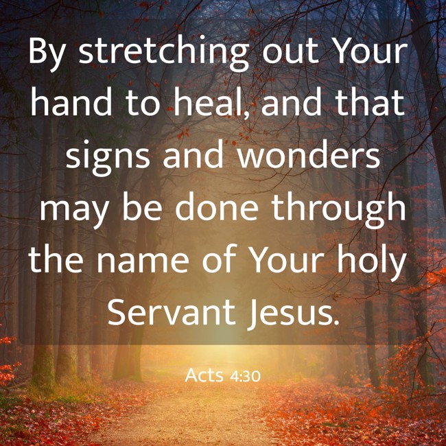 By stretching out Your hand to heal, and that signs and wonders may be done through the name of Your holy Servant Jesus. - Acts 4:30