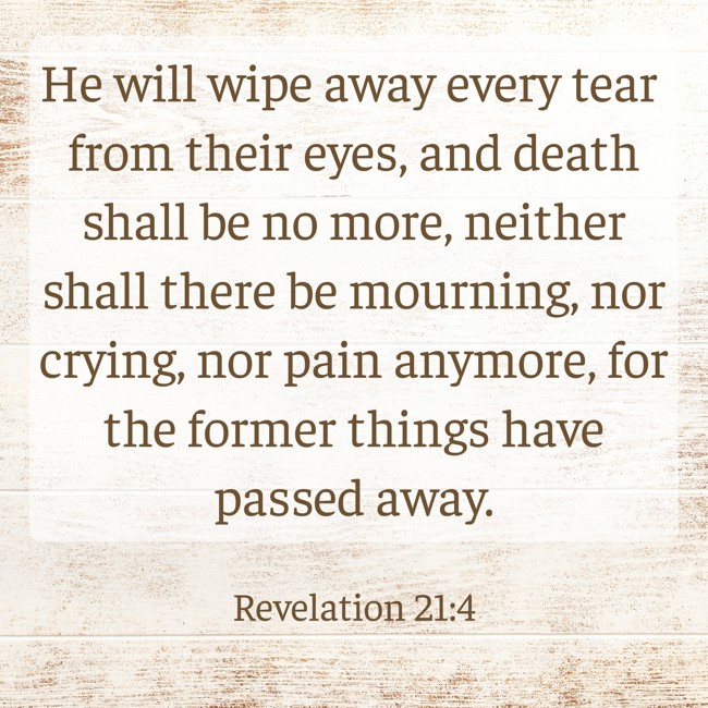 He will wipe away every tear from their eyes, and death shall be no more, neither shall there be mourning, nor crying, nor pain anymore, for the former things have passed away. - Revelation 21:4