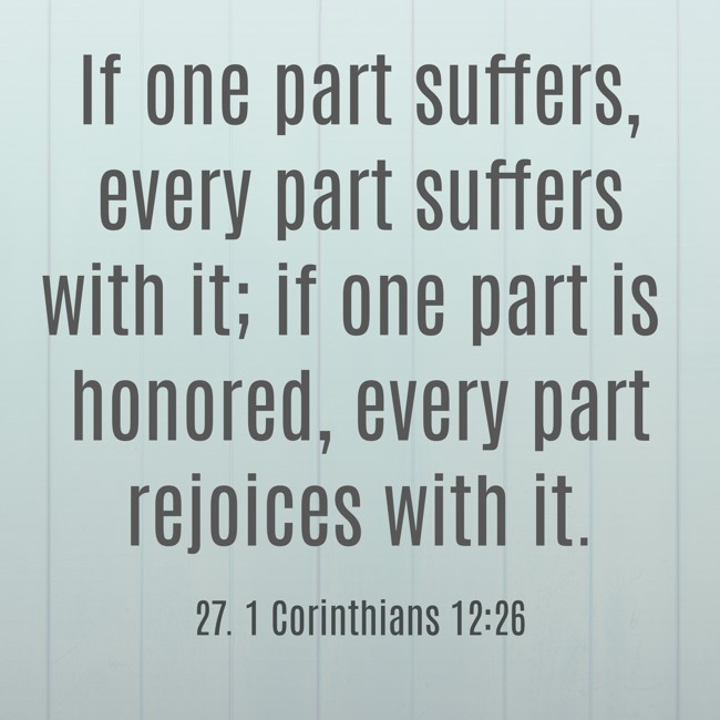 If one part suffers, every part suffers with it; if one part is honored, every part rejoices with it. - 27. 1 Corinthians 12:26