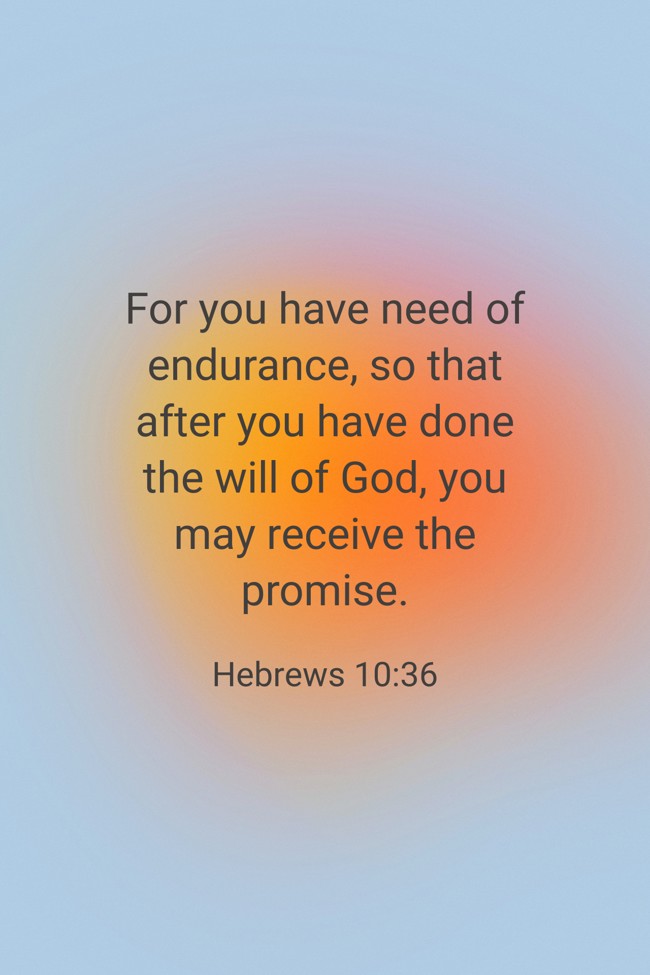 For you have need of endurance, so that after you have done the will of God, you may receive the promise. - Hebrews 10:36