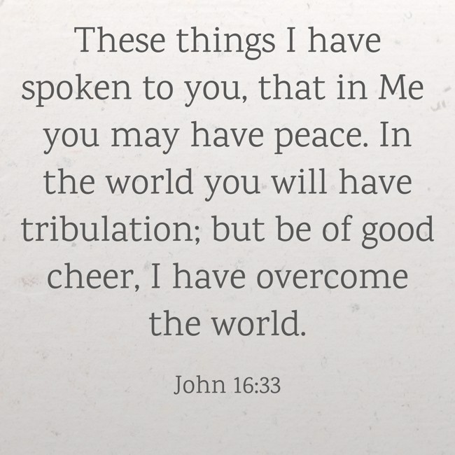 These things I have spoken to you, that in Me you may have peace. In the world you will have tribulation; but be of good cheer, I have overcome the world. - John 16:33