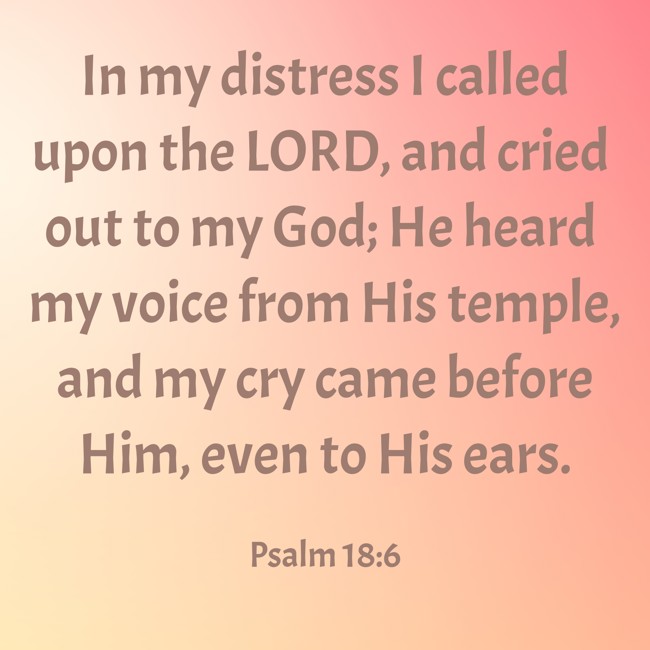 In my distress I called upon the LORD, and cried out to my God; He heard my voice from His temple, and my cry came before Him, even to His ears. - Psalm 18:6