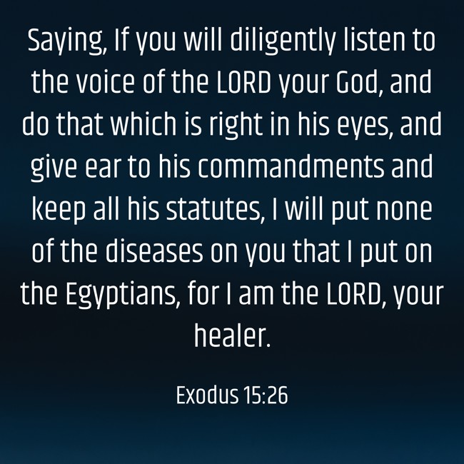 Saying, If you will diligently listen to the voice of the LORD your God, and do that which is right in his eyes, and give ear to his commandments and keep all his statutes, I will put none of the diseases on you that I put on the Egyptians, for I am the LORD, your healer. - Exodus 15:26