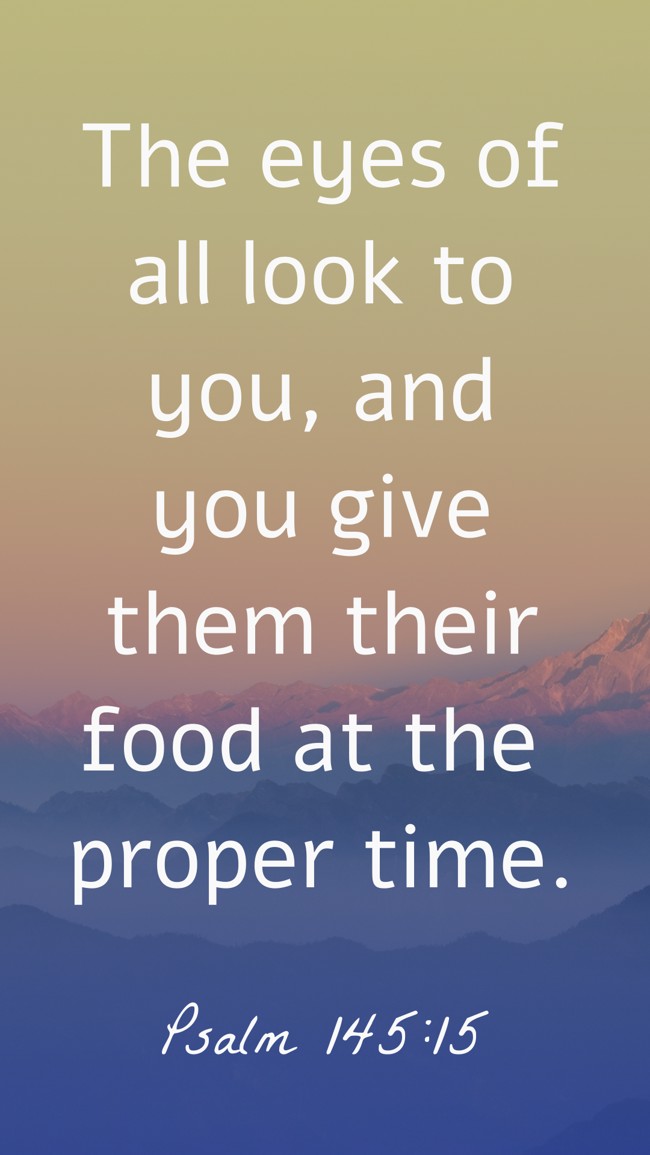  The eyes of all look to you, and you give them their food at the proper time.   - Psalm 145:15 
