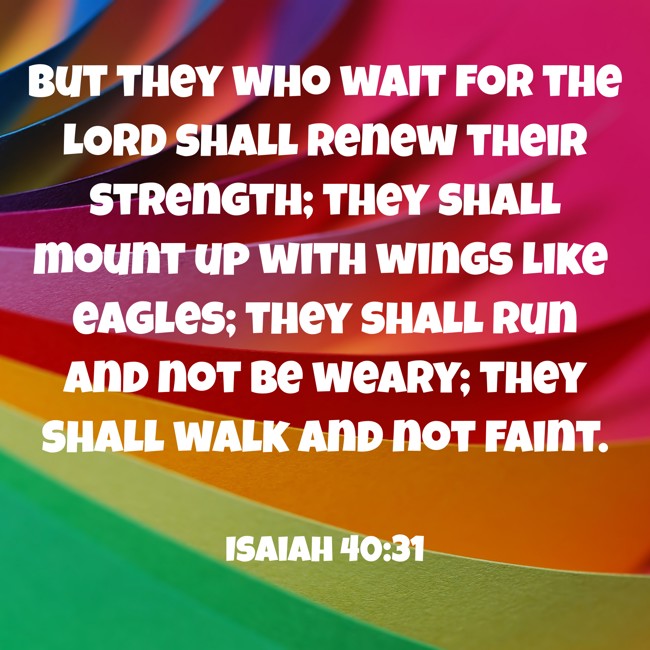 But they who wait for the LORD shall renew their strength; they shall mount up with wings like eagles; they shall run and not be weary; they shall walk and not faint. - Isaiah 40:31