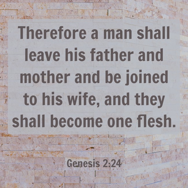 Therefore a man shall leave his father and mother and be joined to his wife, and they shall become one flesh. - Genesis 2:24
