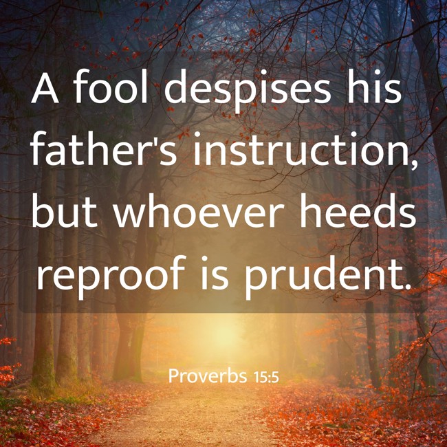 A fool despises his father's instruction, but whoever heeds reproof is prudent.   - Proverbs 15:5 