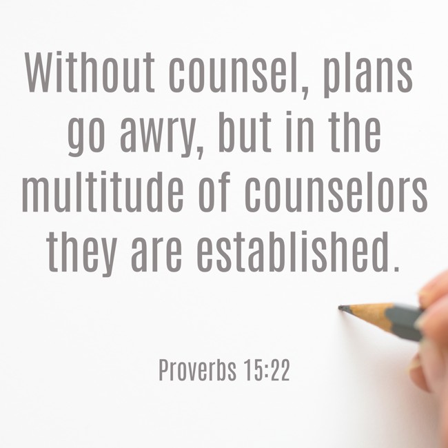 Without counsel, plans go awry, but in the multitude of counselors they are established. - Proverbs 15:22