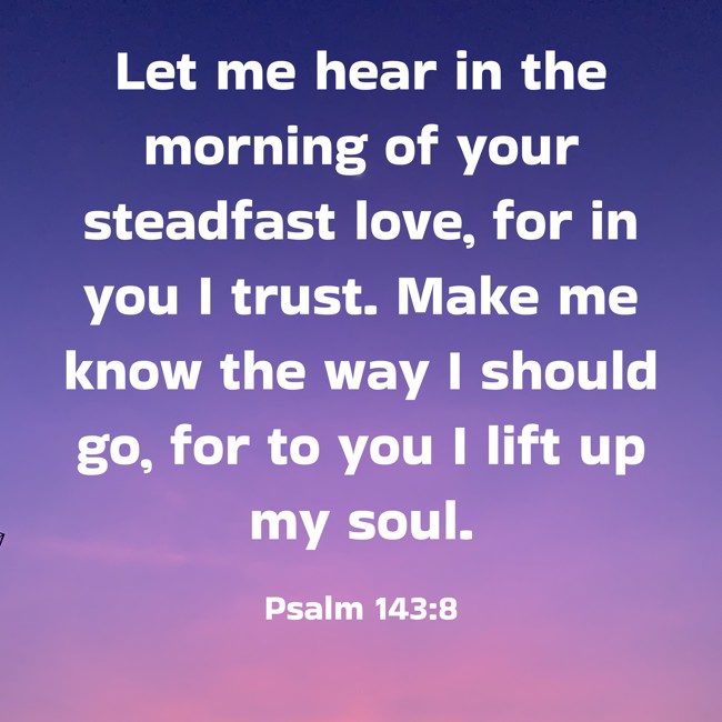 Let me hear in the morning of your steadfast love, for in you I trust. Make me know the way I should go, for to you I lift up my soul. - Psalm 143:8