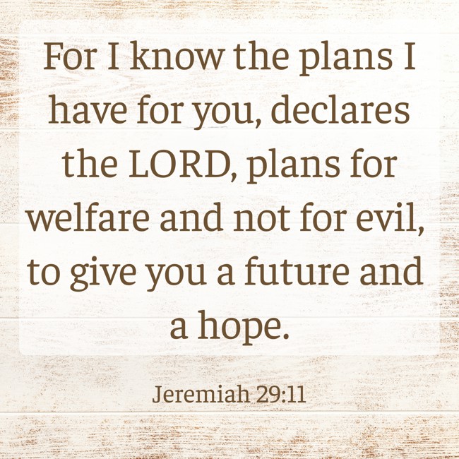 For I know the plans I have for you, declares the LORD, plans for welfare and not for evil, to give you a future and a hope. - Jeremiah 29:11