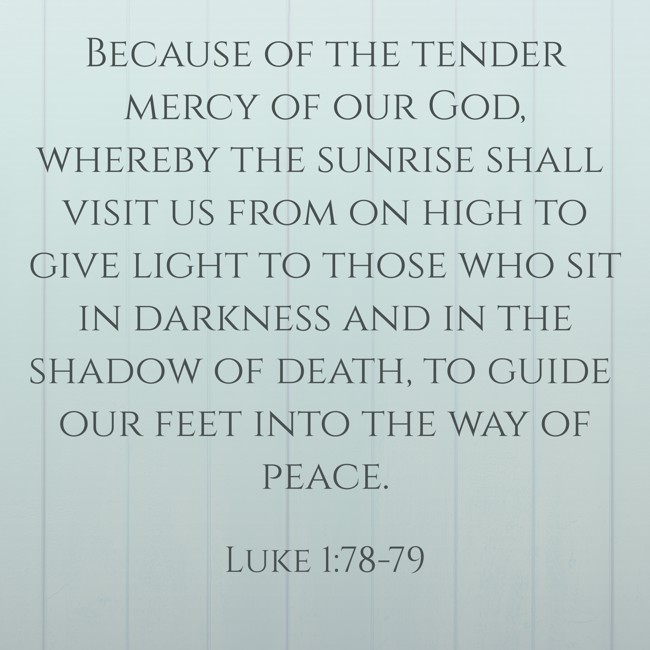 Because of the tender mercy of our God, whereby the sunrise shall visit us from on high to give light to those who sit in darkness and in the shadow of death, to guide our feet into the way of peace. - Luke 1:78-79