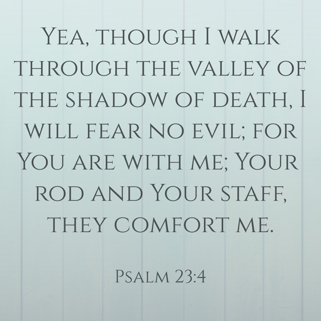 Yea, though I walk through the valley of the shadow of death, I will fear no evil; for You are with me; Your rod and Your staff, they comfort me. - Psalm 23:4