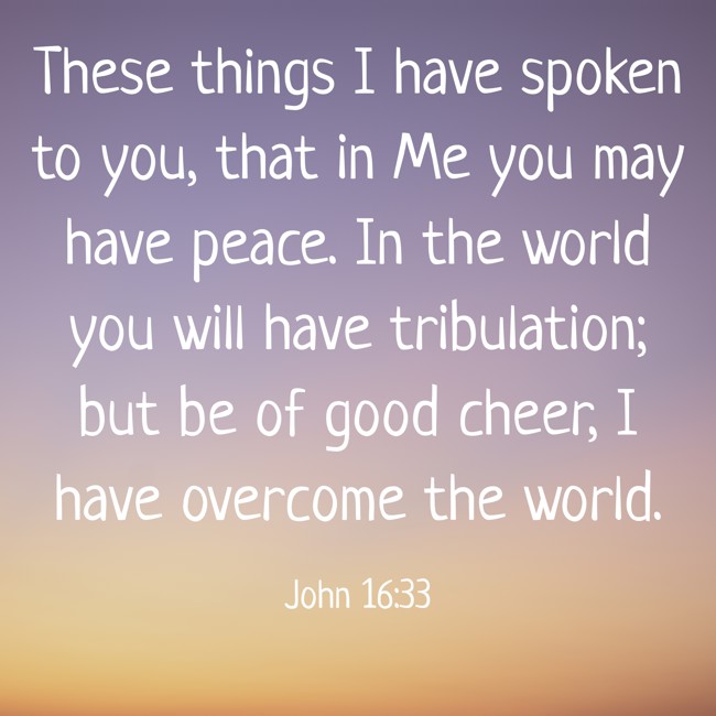 These things I have spoken to you, that in Me you may have peace. In the world you will have tribulation; but be of good cheer, I have overcome the world. - John 16:33