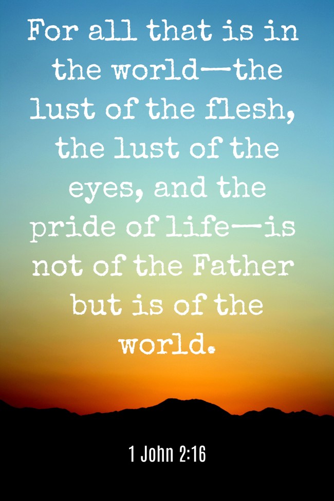 For all that is in the world—the lust of the flesh, the lust of the eyes, and the pride of life—is not of the Father but is of the world. - 1 John 2:16