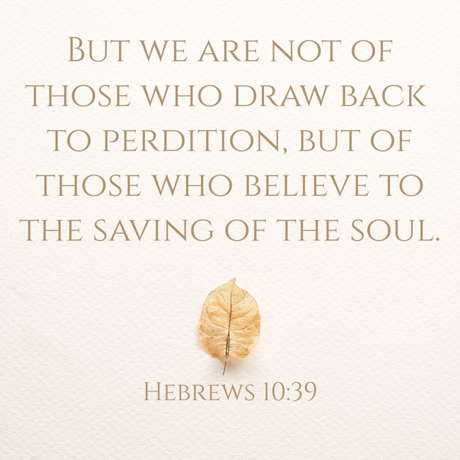 But we are not of those who draw back to perdition, but of those who believe to the saving of the soul. - Hebrews 10:39