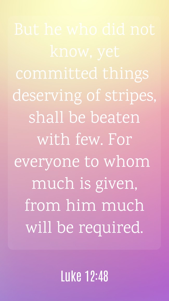 But he who did not know, yet committed things deserving of stripes, shall be beaten with few. For everyone to whom much is given, from him much will be required. - Luke 12:48
