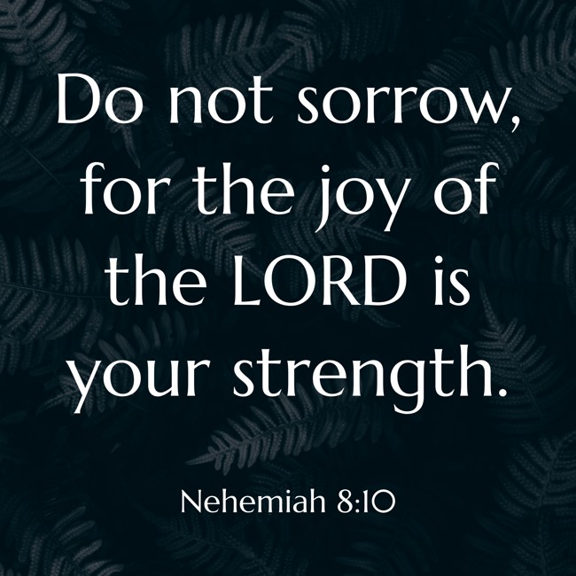  Do not sorrow, for the joy of the LORD is your strength.   - Nehemiah 8:10 