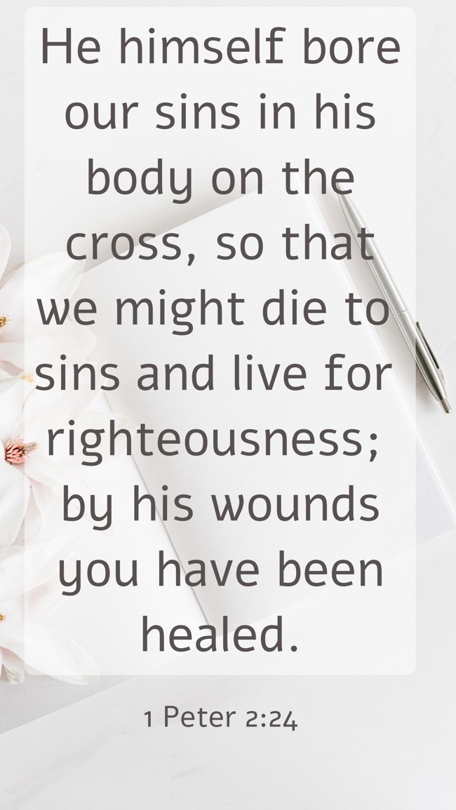He himself bore our sins in his body on the cross, so that we might die to sins and live for righteousness; by his wounds you have been healed. - 1 Peter 2:24