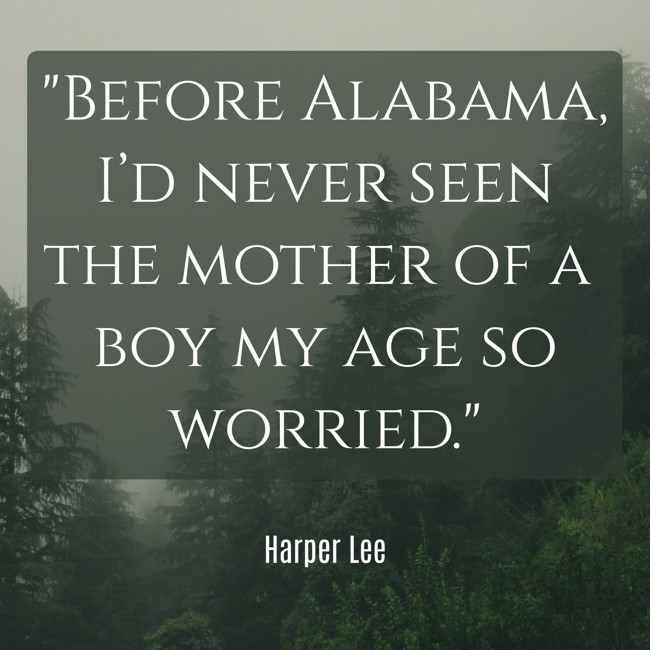  Before Alabama, I’d never seen the mother of a boy my age so worried.   - Harper Lee 
