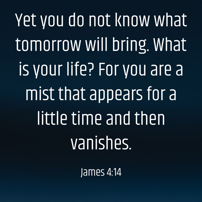 Yet you do not know what tomorrow will bring. What is your life? For you are a mist that appears for a little time and then vanishes. - James 4:14