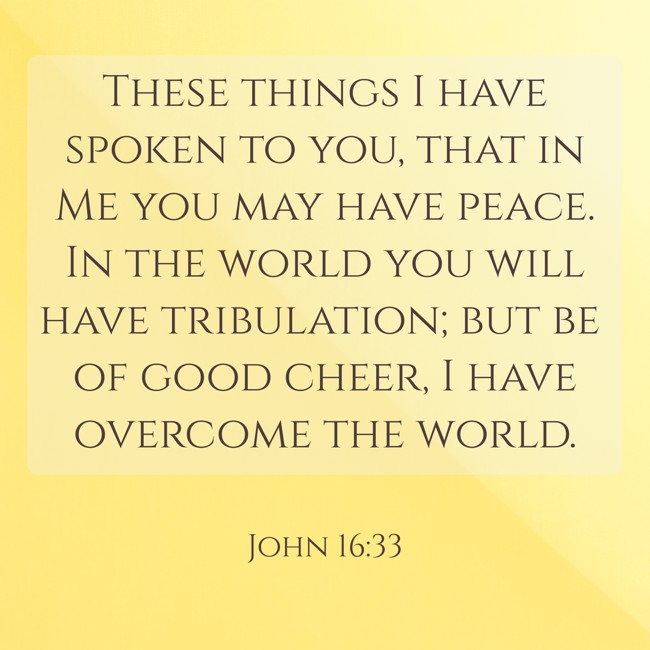 These things I have spoken to you, that in Me you may have peace. In the world you will have tribulation; but be of good cheer, I have overcome the world. - John 16:33
