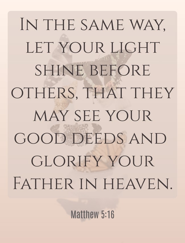 In the same way, let your light shine before others, that they may see your good deeds and glorify your Father in heaven. - Matthew 5:16