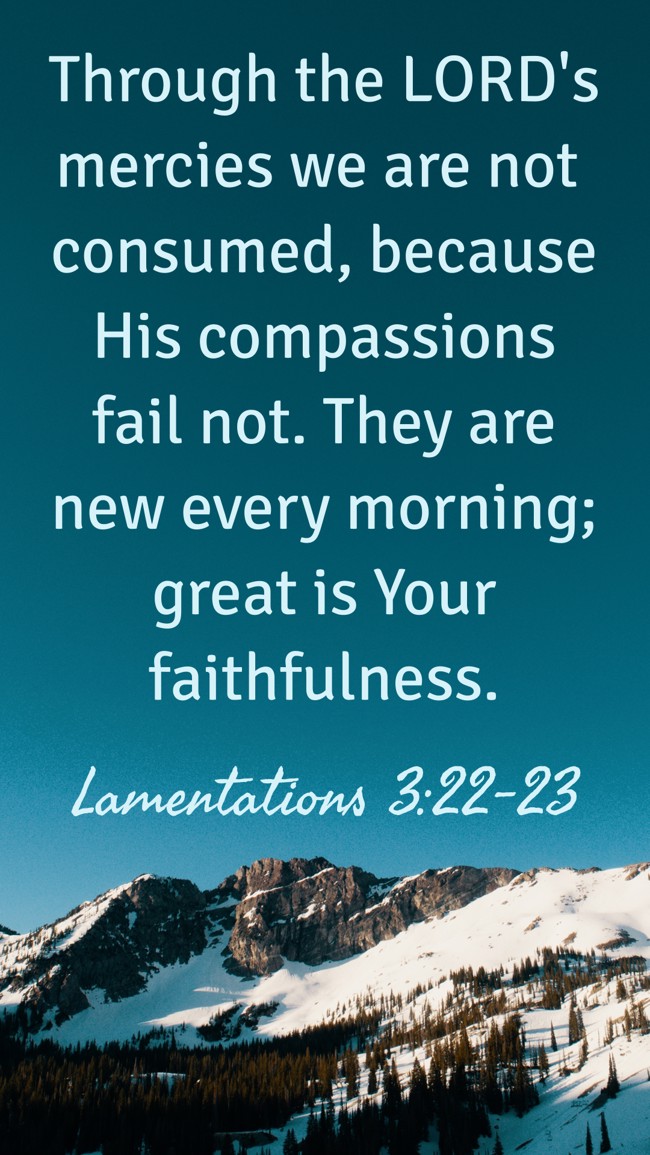 Through the LORD's mercies we are not consumed, because His compassions fail not. They are new every morning; great is Your faithfulness. - Lamentations 3:22-23