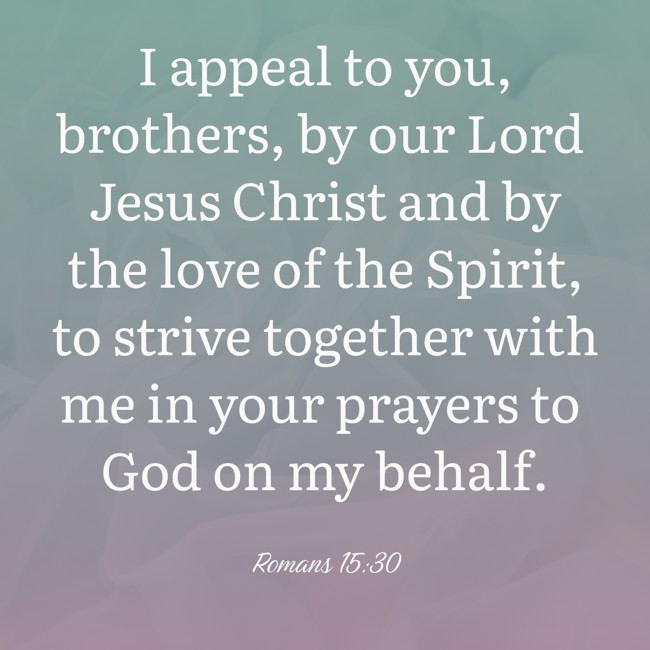 I appeal to you, brothers, by our Lord Jesus Christ and by the love of the Spirit, to strive together with me in your prayers to God on my behalf. - Romans 15:30