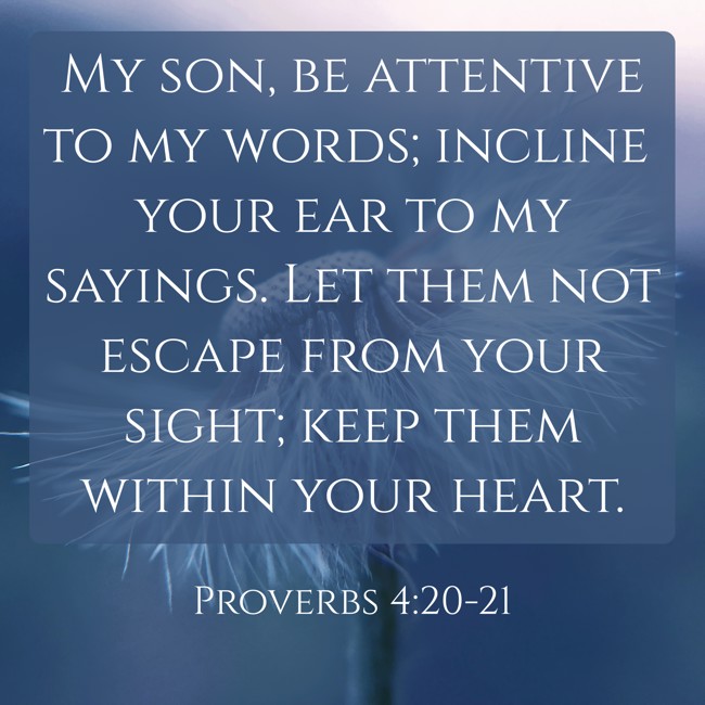 My son, be attentive to my words; incline your ear to my sayings. Let them not escape from your sight; keep them within your heart. - Proverbs 4:20-21
