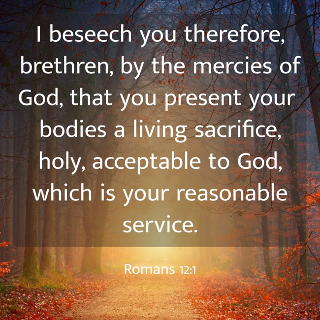 I beseech you therefore, brethren, by the mercies of God, that you present your bodies a living sacrifice, holy, acceptable to God, which is your reasonable service. - Romans 12:1