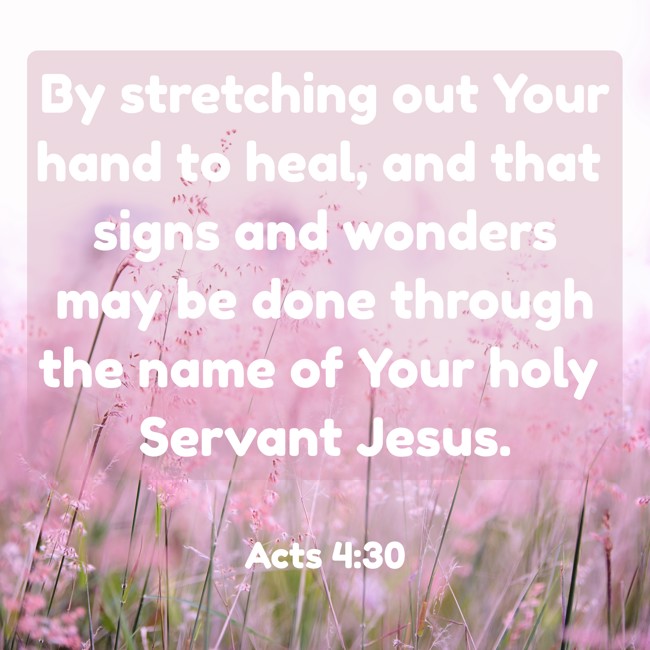 By stretching out Your hand to heal, and that signs and wonders may be done through the name of Your holy Servant Jesus. - Acts 4:30