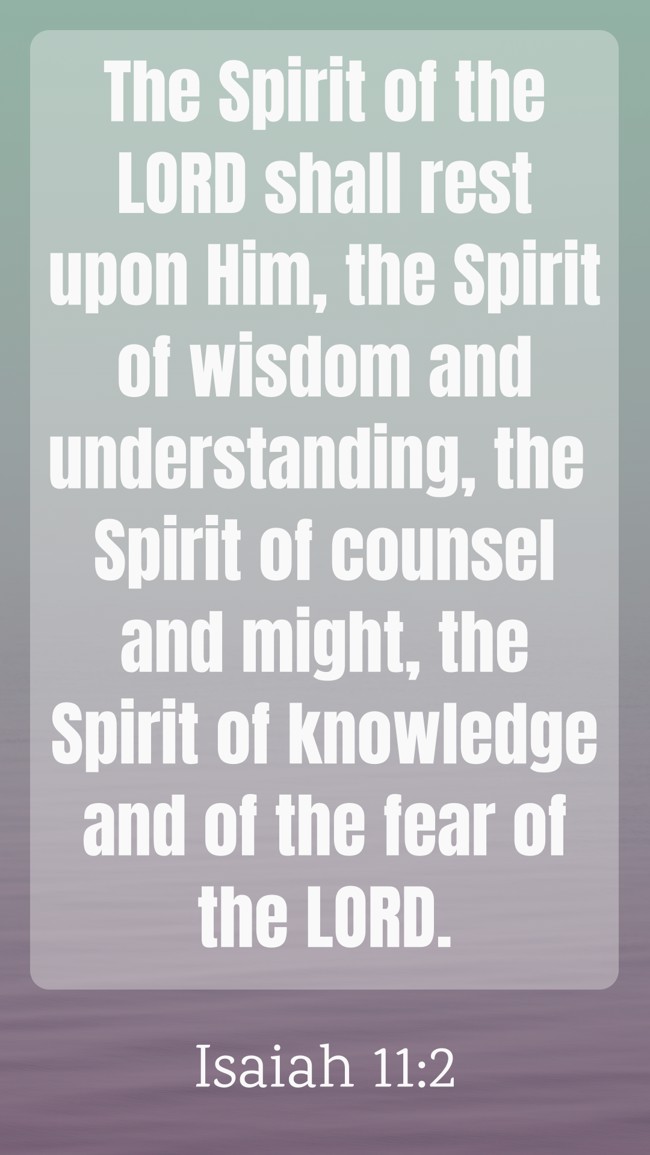 The Spirit of the LORD shall rest upon Him, the Spirit of wisdom and understanding, the Spirit of counsel and might, the Spirit of knowledge and of the fear of the LORD. - Isaiah 11:2