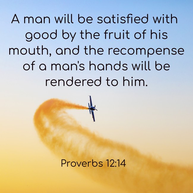 A man will be satisfied with good by the fruit of his mouth, and the recompense of a man's hands will be rendered to him. - Proverbs 12:14