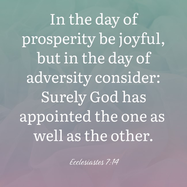  In the day of prosperity be joyful, but in the day of adversity consider: Surely God has appointed the one as well as the other.   - Ecclesiastes 7:14 