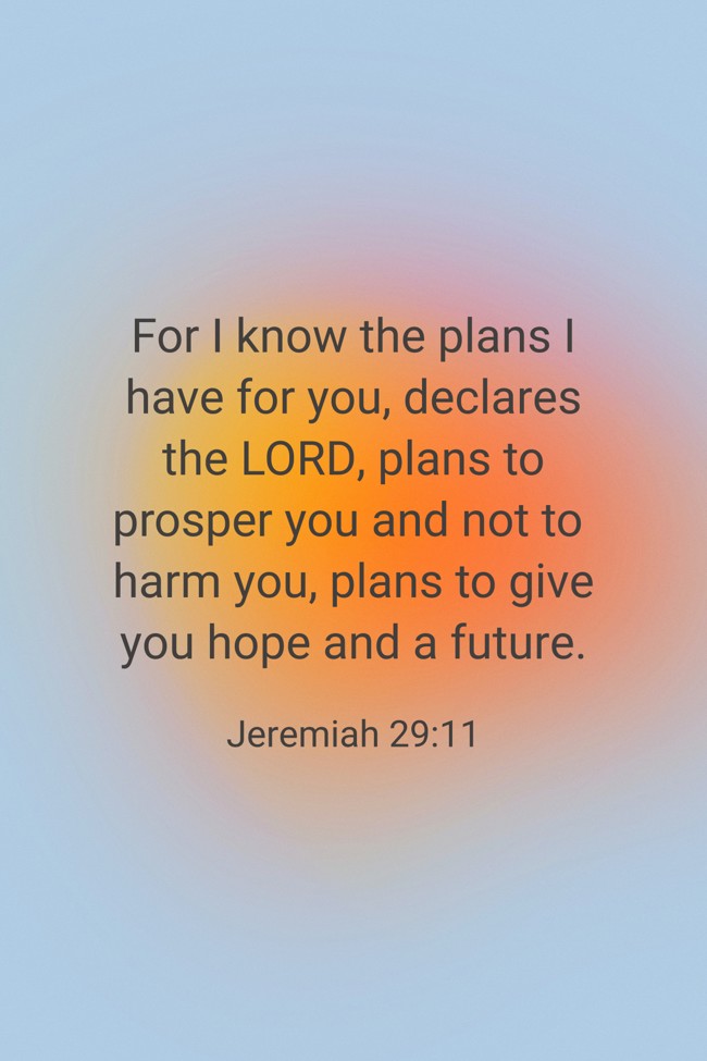  For I know the plans I have for you, declares the LORD, plans to prosper you and not to harm you, plans to give you hope and a future.   - Jeremiah 29:11 