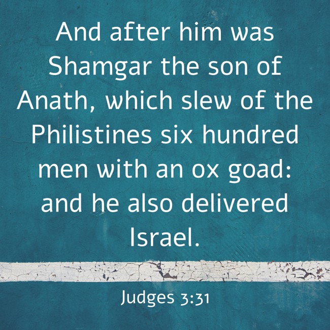 And after him was Shamgar the son of Anath, which slew of the Philistines six hundred men with an ox goad: and he also delivered Israel. - Judges 3:31