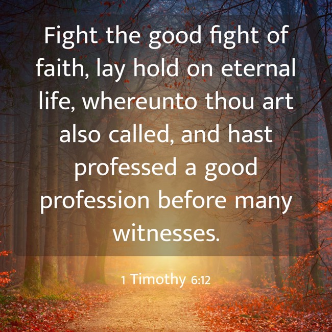 Fight the good fight of faith, lay hold on eternal life, whereunto thou art also called, and hast professed a good profession before many witnesses. - 1 Timothy 6:12