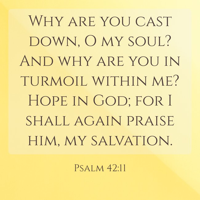 Why are you cast down, O my soul? And why are you in turmoil within me? Hope in God; for I shall again praise him, my salvation. - Psalm 42:11