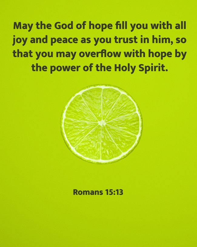 May the God of hope fill you with all joy and peace as you trust in him, so that you may overflow with hope by the power of the Holy Spirit. - Romans 15:13
