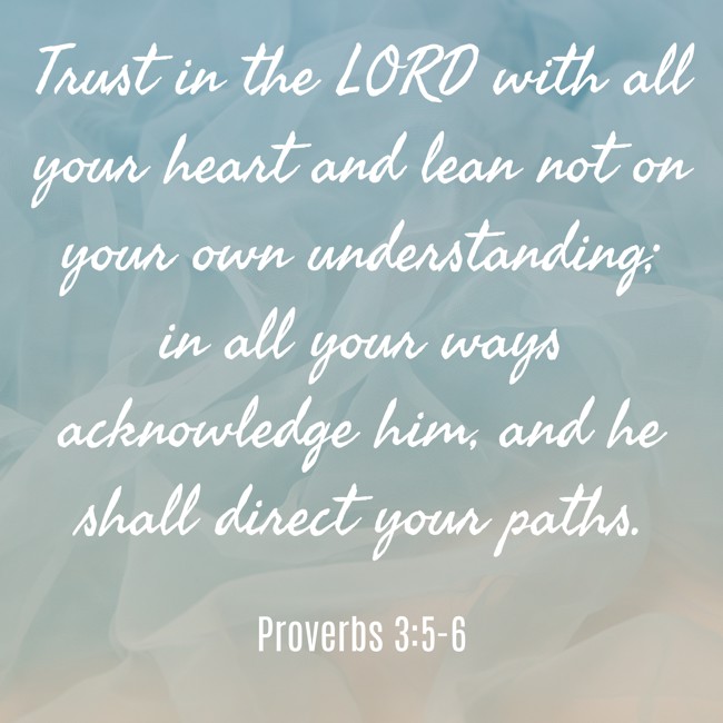 Trust in the LORD with all your heart and lean not on your own understanding; in all your ways acknowledge him, and he shall direct your paths. - Proverbs 3:5-6