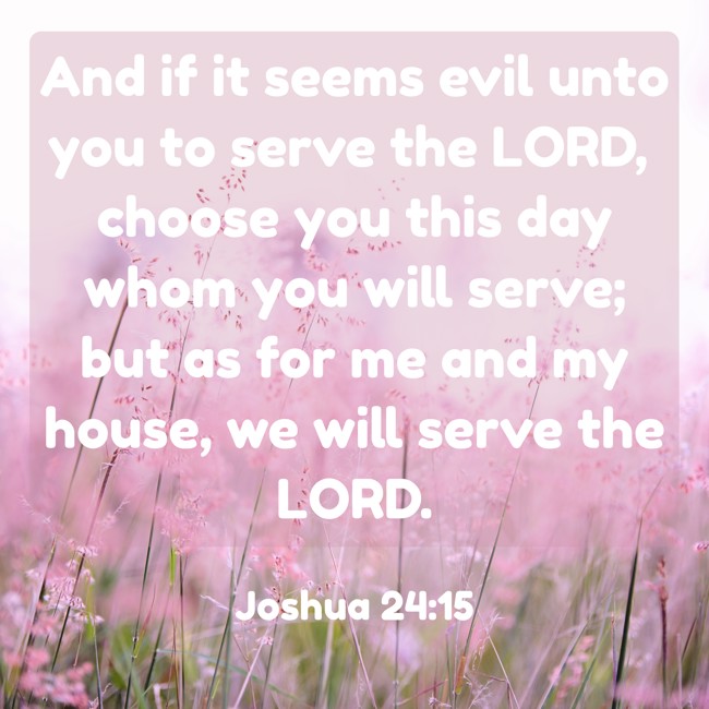 And if it seems evil unto you to serve the LORD, choose you this day whom you will serve; but as for me and my house, we will serve the LORD. - Joshua 24:15