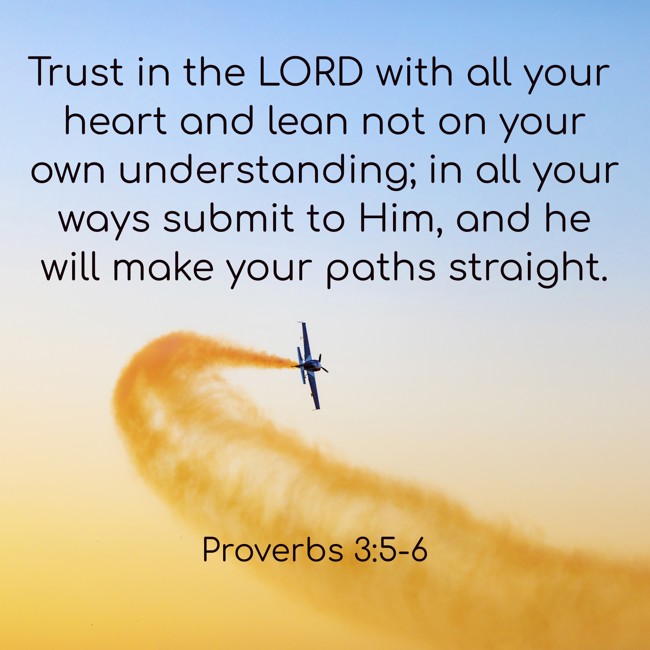 Trust in the LORD with all your heart and lean not on your own understanding; in all your ways submit to Him, and he will make your paths straight. - Proverbs 3:5-6