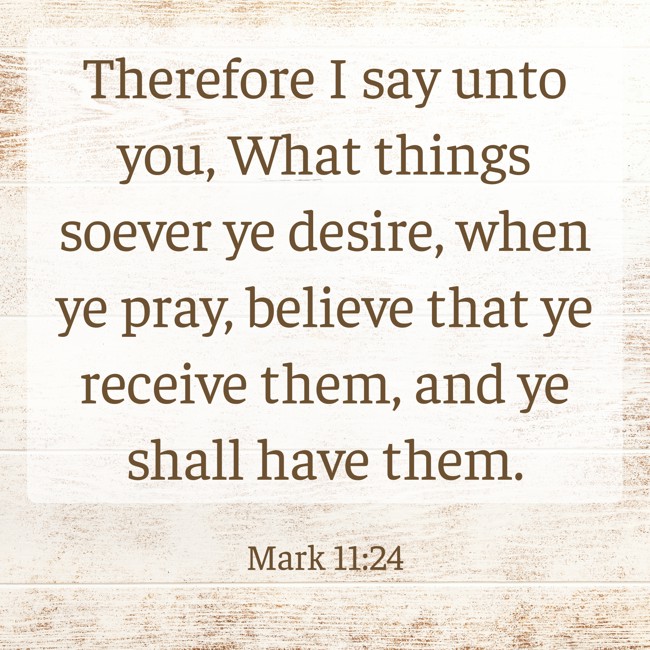 Therefore I say unto you, What things soever ye desire, when ye pray, believe that ye receive them, and ye shall have them. - Mark 11:24