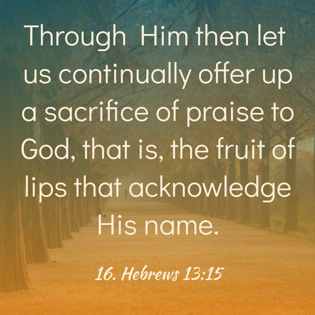 Through Him then let us continually offer up a sacrifice of praise to God, that is, the fruit of lips that acknowledge His name. - 16. Hebrews 13:15