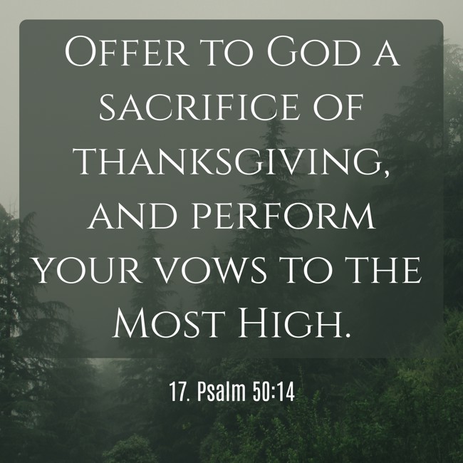 Offer to God a sacrifice of thanksgiving, and perform your vows to the Most High. - 17. Psalm 50:14